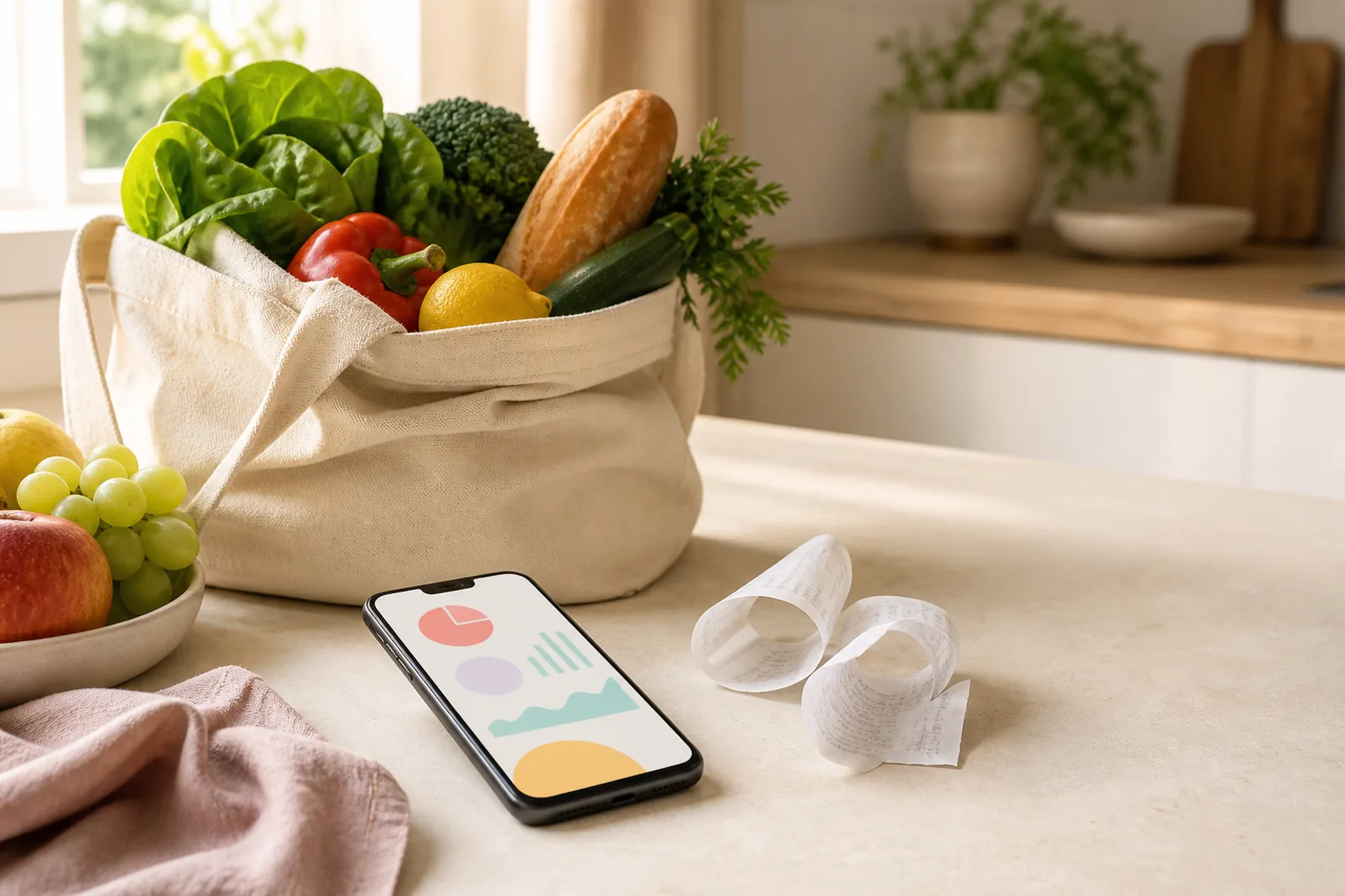 Lebensmittel, Kassenbons und Smartphone mit einer Übersicht der Einkaufsgewohnheiten